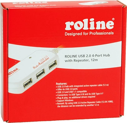 USB hub ROLINE USB 2.0, 4 porta, kabllo aktive repeater 12 m, e bardhë