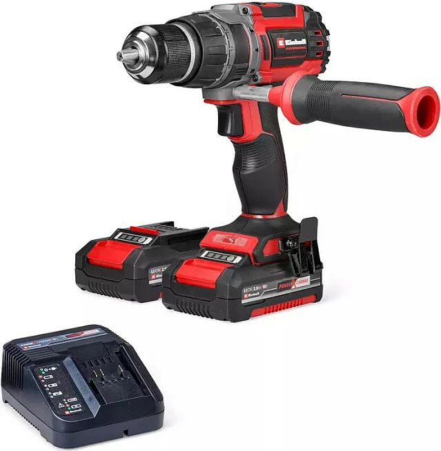 Bormashinë me bateri Einhell TP-CD 18/70 Li-i BL, 18V, 2x2Ah, 70Nm, e zezë/kuqe