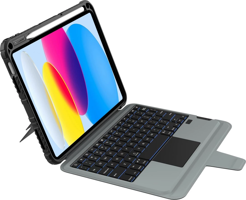 Mbështjellës me tastierë Nillkin 24004 për Apple iPad 10.9" 2022 / 11" 2025, touchpad, taste me drita, Bluetooth 3.0, 180 mAh, e zezë
