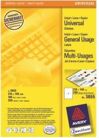 Etiketa, Avery Zweckform, 3655, A4 210 x 148 mm, për printerë inkjet/laser dhe kopjues, ngjitje e përhershme, e bardhë, set 100 fletë