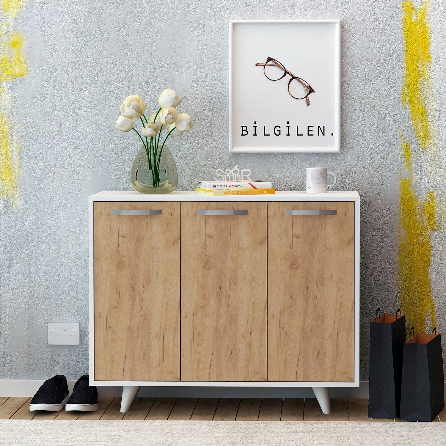 Dollap multifunksional, Skye Decor, Piffa, ngjyrë lisi dhe e bardhë