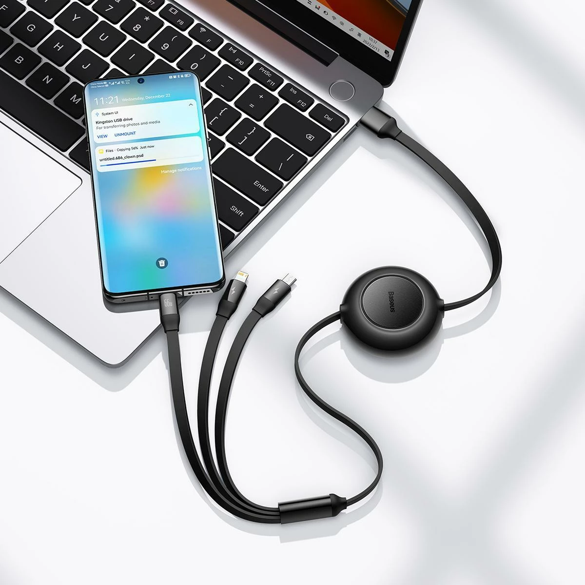 Kabllo USB Baseus Bright Mirror 2 CAMJ010101 3-në-1 retraktile 1.1 m 66W USB-A në USB-C/microUSB/Lightning, e zezë