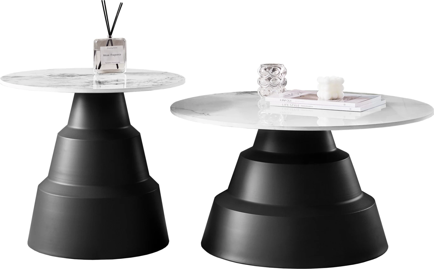 Set 2 tavolina kafeje LIDOX, sipërfaqe prej guri të sinterizuar, ngjyrë e bardhë dëbore, FH18306.02, Φ50cm & Φ70cm