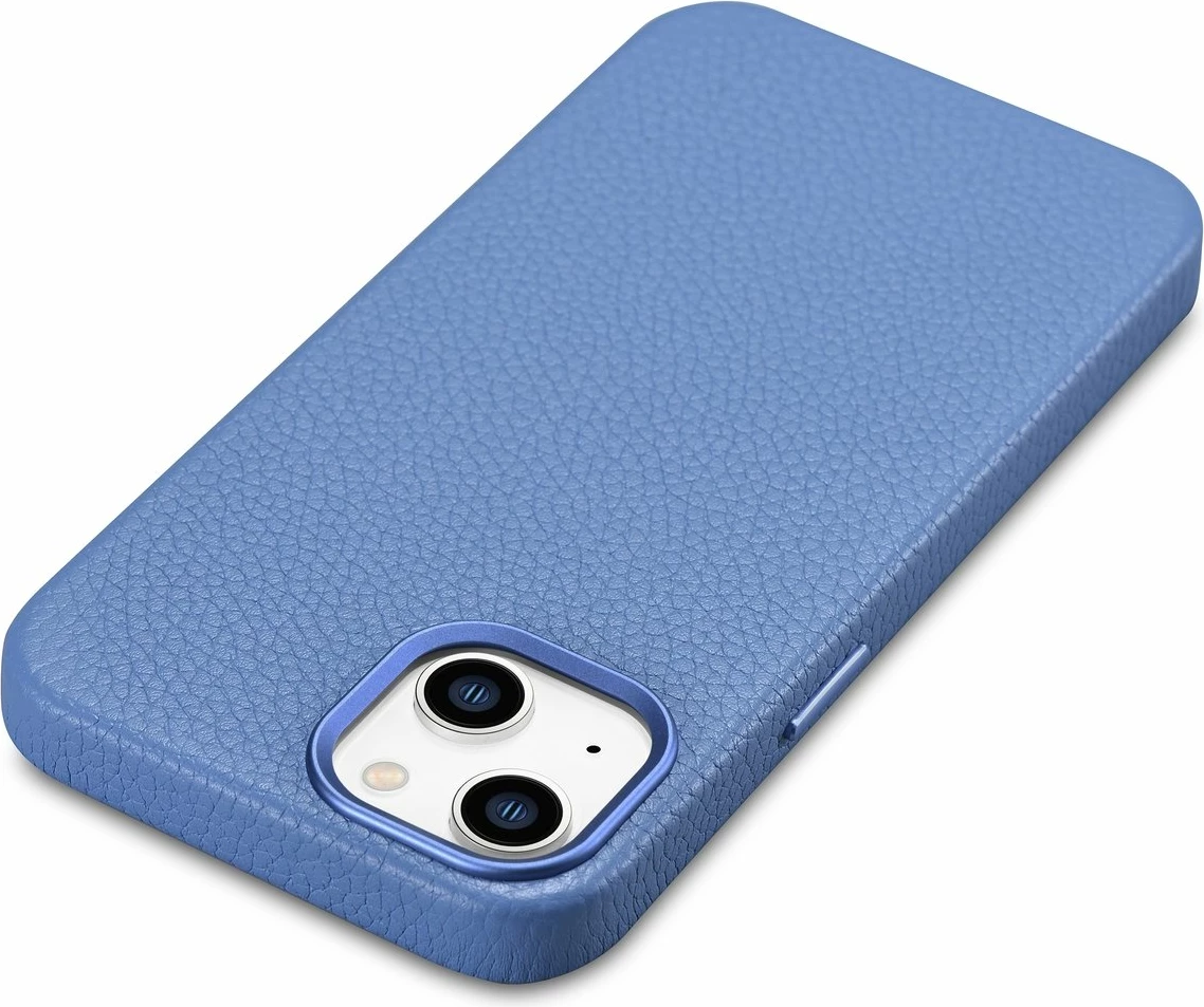 Mbështjellës iCarer Litchi Premium për iPhone 14 Plus, lëkurë natyrale, MagSafe, Kaltër