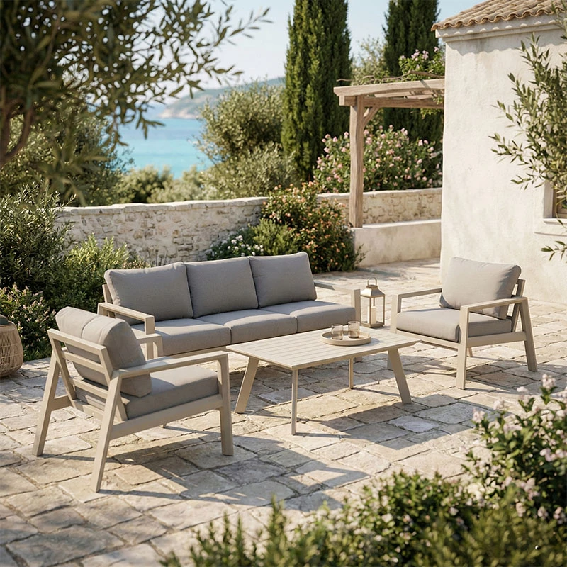 Set mobiljesh për kopsht Kallisto, 4 pjesë, kornizë alumini, ngjyrë bezhë, jastëkë gri të çelët