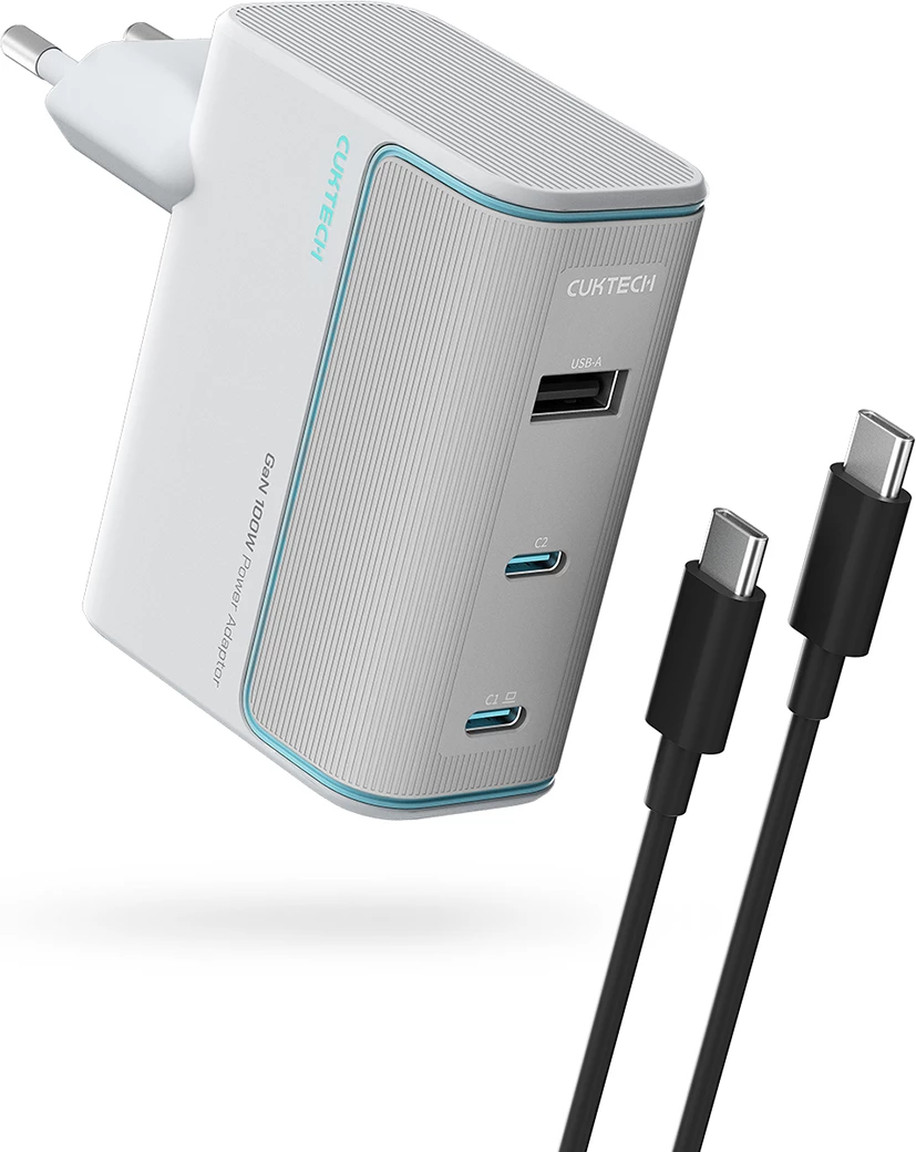 Karikues muri Cuktech AD1003EU 100W GaN, 2x USB-C + USB-A, me kabllo USB-C në USB-C, i bardhë