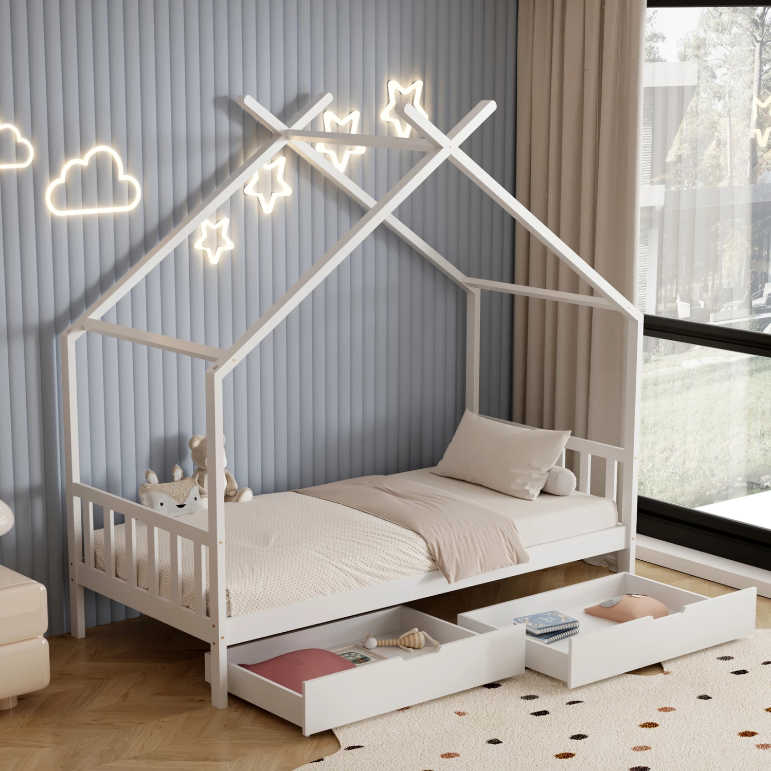 Krevet për fëmijë KLARICE FH680.03 t.MONTESSORI-2 SIRTARË- DRU I FORTË PISHË NË TË BARDHË- 190x90cm