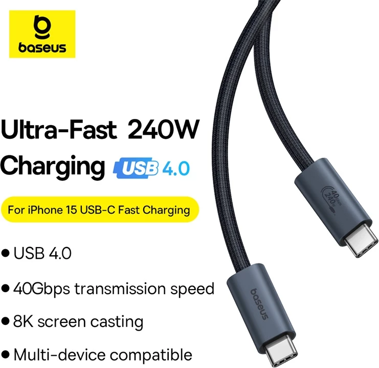 Kabllo USB-C Baseus CB000068, 1m, 240W, 8K 60Hz, e zezë