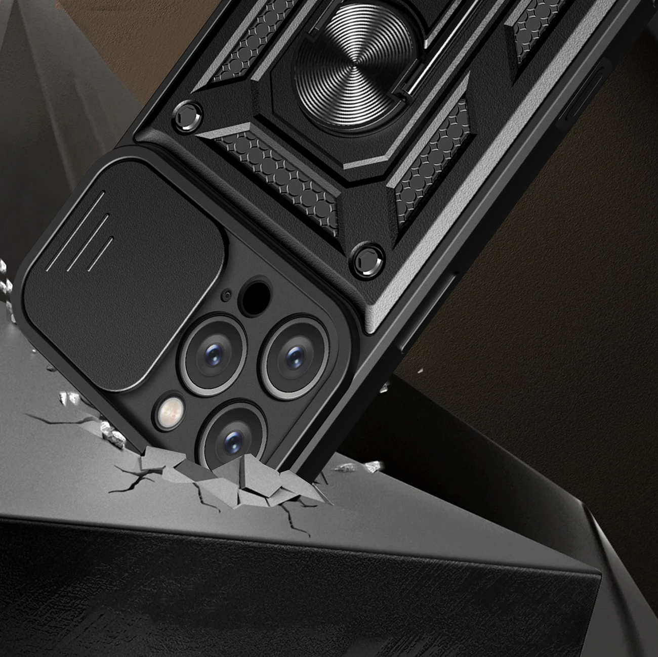 Mbështjellës Hurtel Hybrid Armor Camshield për iPhone 16 Pro, me kapak kamere dhe qëndrim, zi