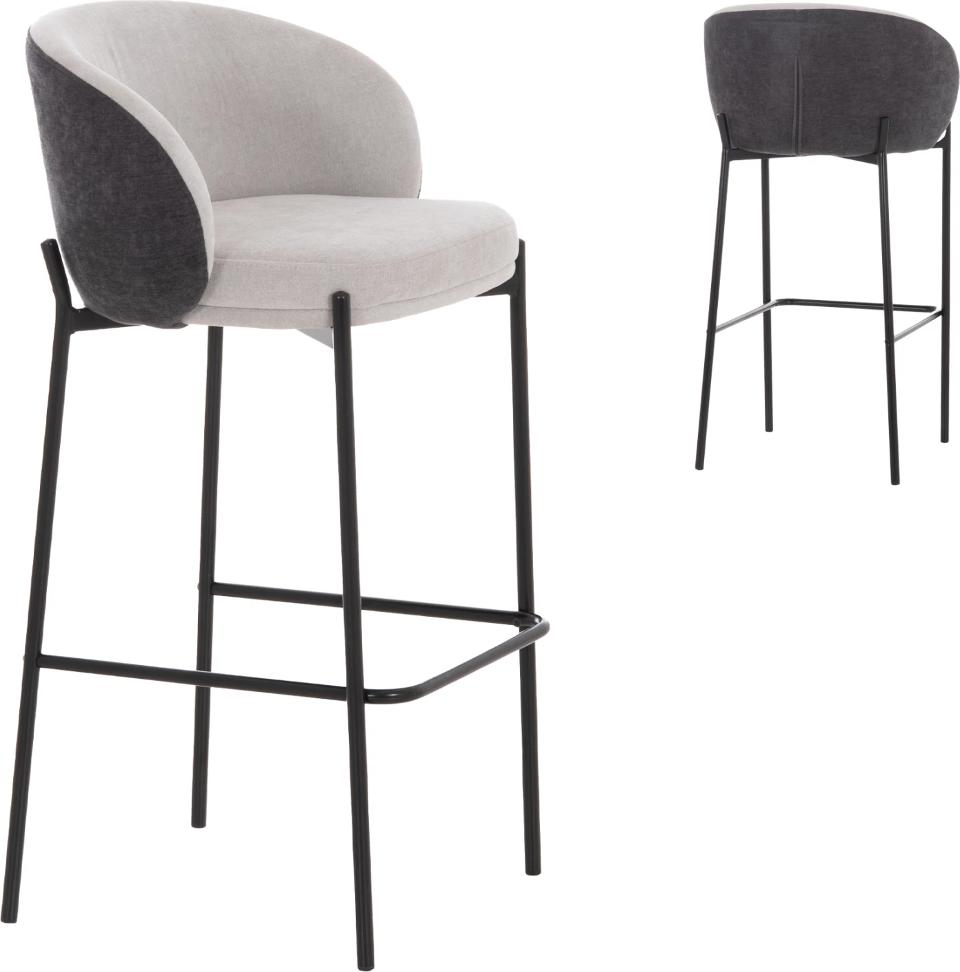 Karrige për bar Detton, material gri, kornizë metalike e zezë, 44x51x98cm, set prej 2 copë