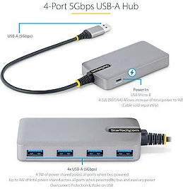 USB Hub StarTech 4-Port, USB 3.2 Gen 1 5Gbps, USB-A në 4x USB-A, me Micro-USB për energji shtesë, 30cm kabllo, gri