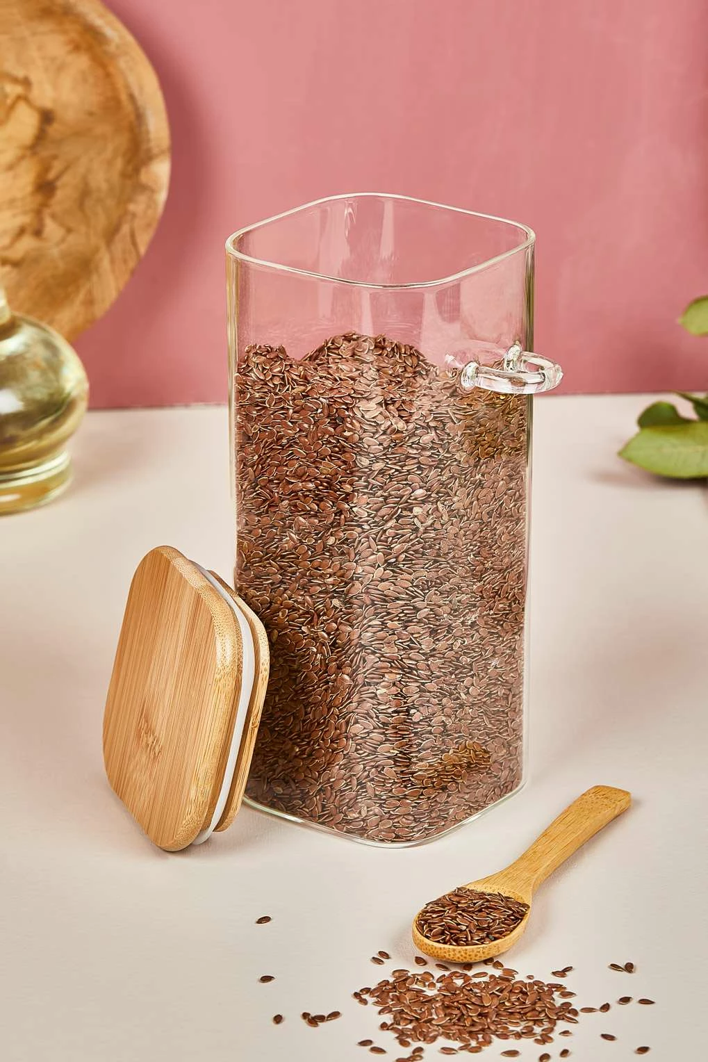 Set kavanozash prej qelqi, 3 copë, kapak bambuje, Hermia, 18cm