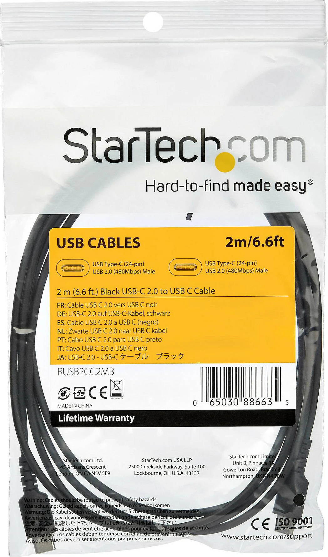 Kabllo USB-C StarTech RUSB2CC2MB, 2m, USB 2.0, 60W PD, e zezë