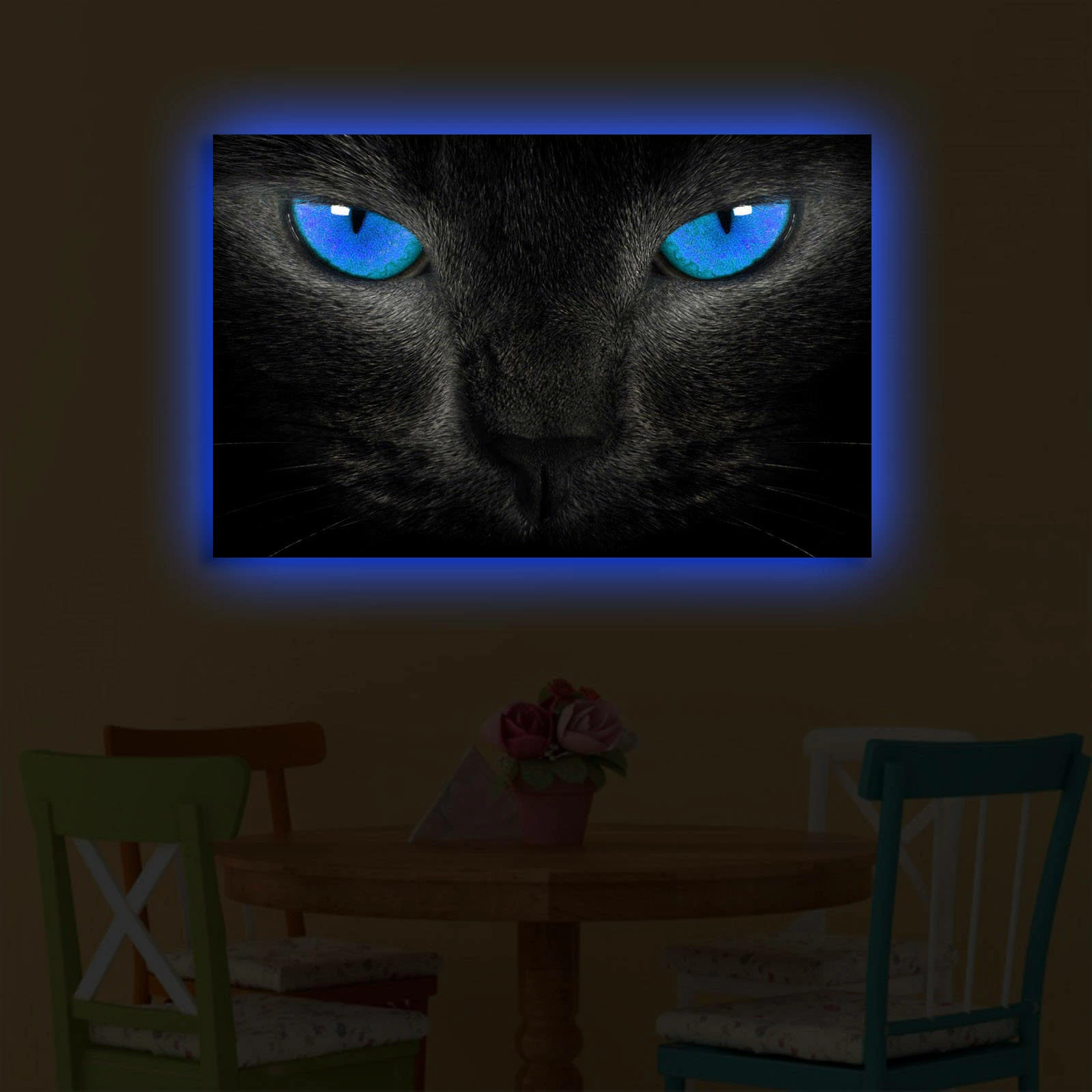Pikturë dekorative me LED, kanavacë, mace me sy të kaltër, 45x70cm