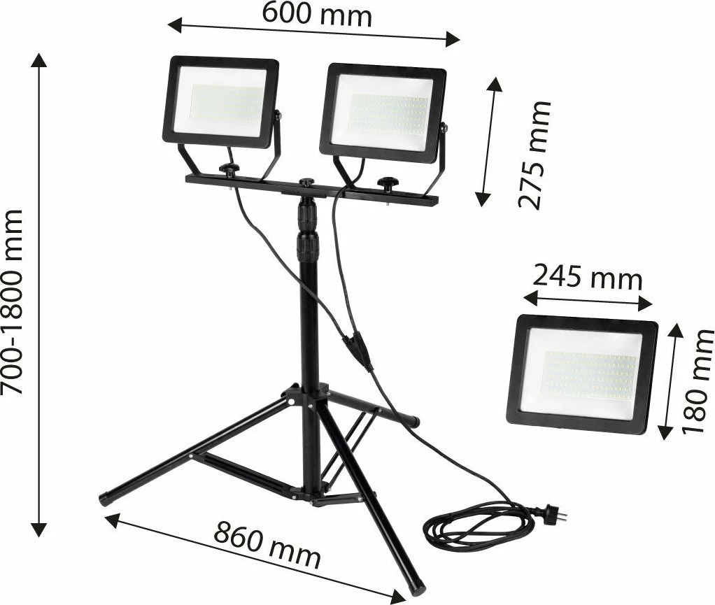 Reflektor LED i dyfishtë NEO Tools 99-096, 2x100W, 2x8500lm, IP65, stativ 1.8m, i zi