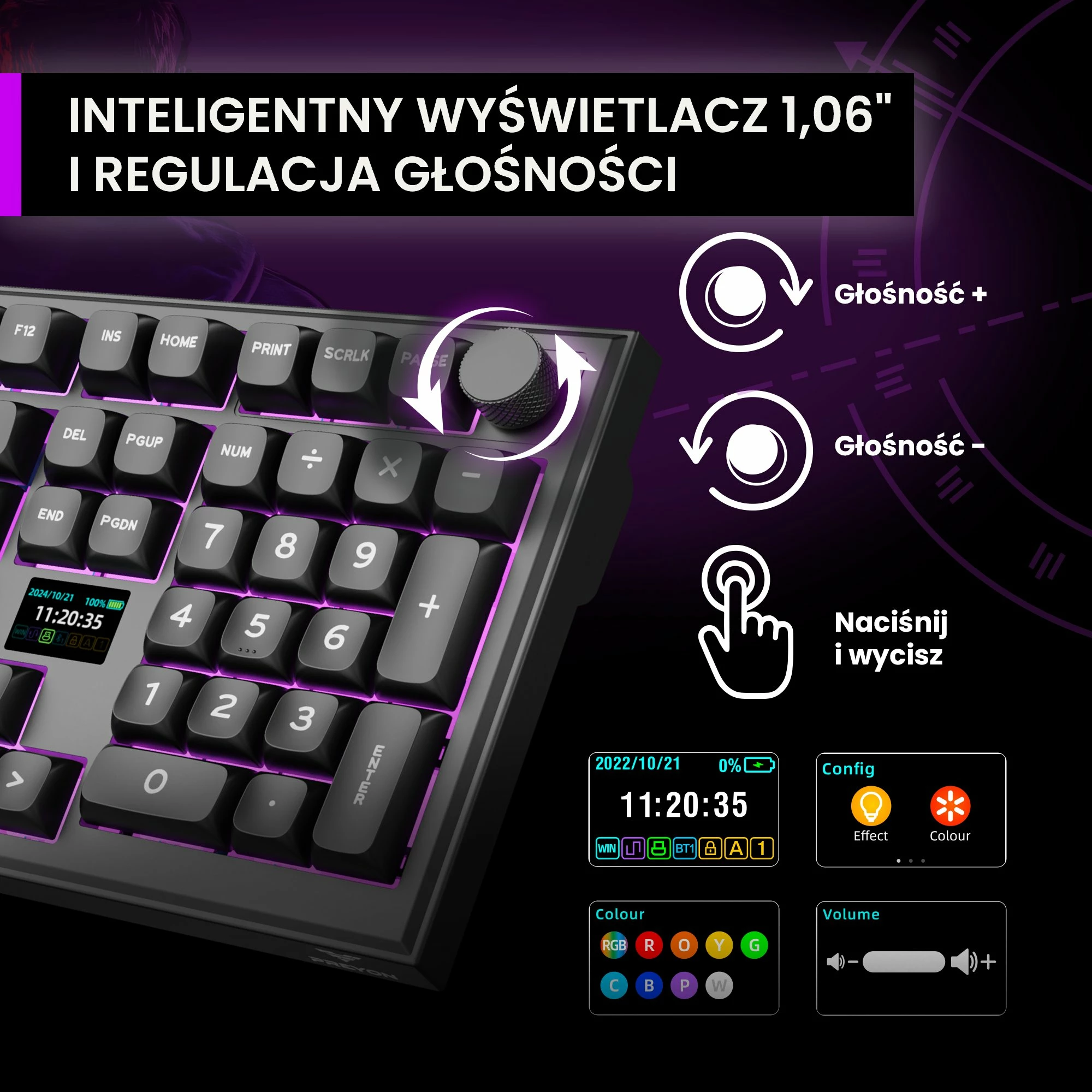 Tastierë mekanike PREYON Silent Claw PSCR105B, Gateron Red Pro, 100% full-size (US), RGB, 2.4GHz/Bluetooth/USB, e zezë
