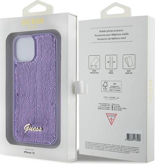 Mbështjellës Guess Sequin Script Metal për iPhone 15, vjollcë