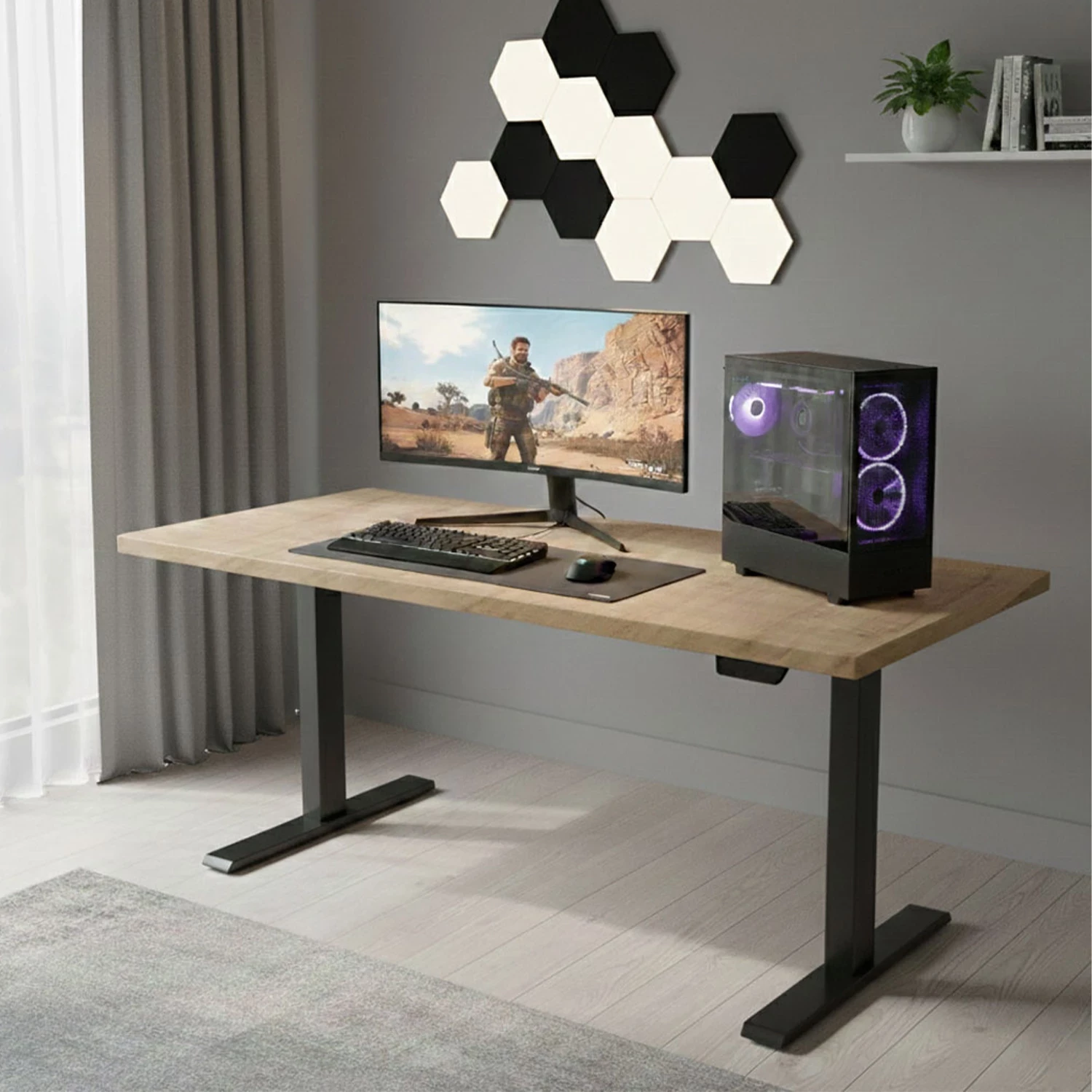 Tavolinë elektrike sit-stand UVI Lite V2, 139x68x2.5 cm, 73.5-121.5 cm, 80 kg, Chalet Oak, kornizë e zezë