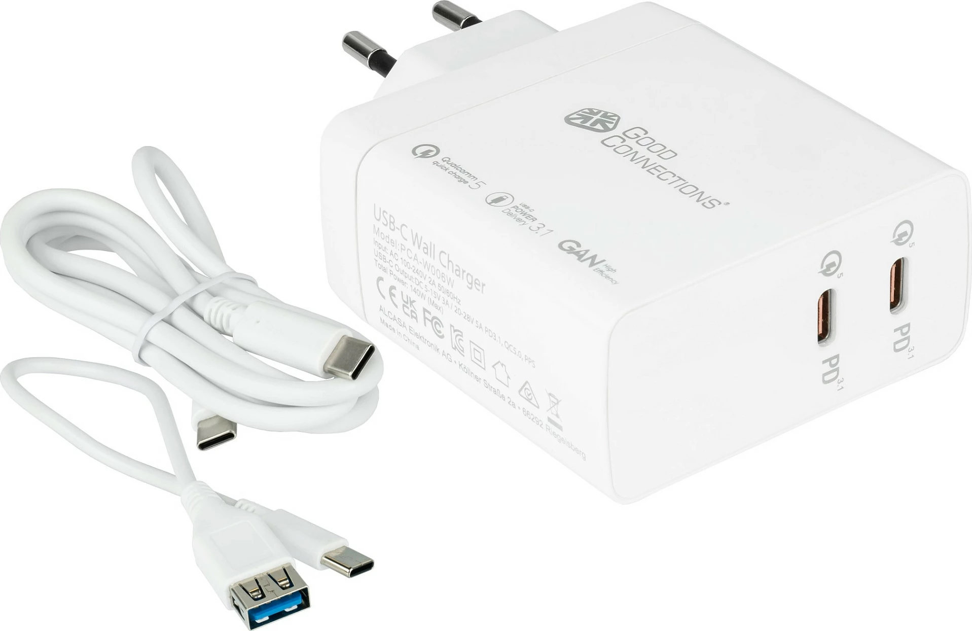 Karikues muri GoodConnections PCA-W006W, 140W GaN, 2x USB-C PD 3.1, Quick Charge 5, i bardhë