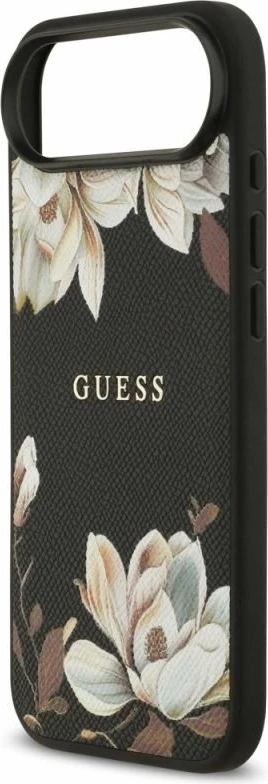 Kapak telefoni Guess Grained Flowers Classic Logo MagSafe për iPhone Air, i zi