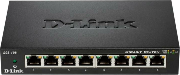 Switch D-Link DGS-108 8 porta Gigabit 10/100/1000, kasë metalike, pa ventilator, i zi