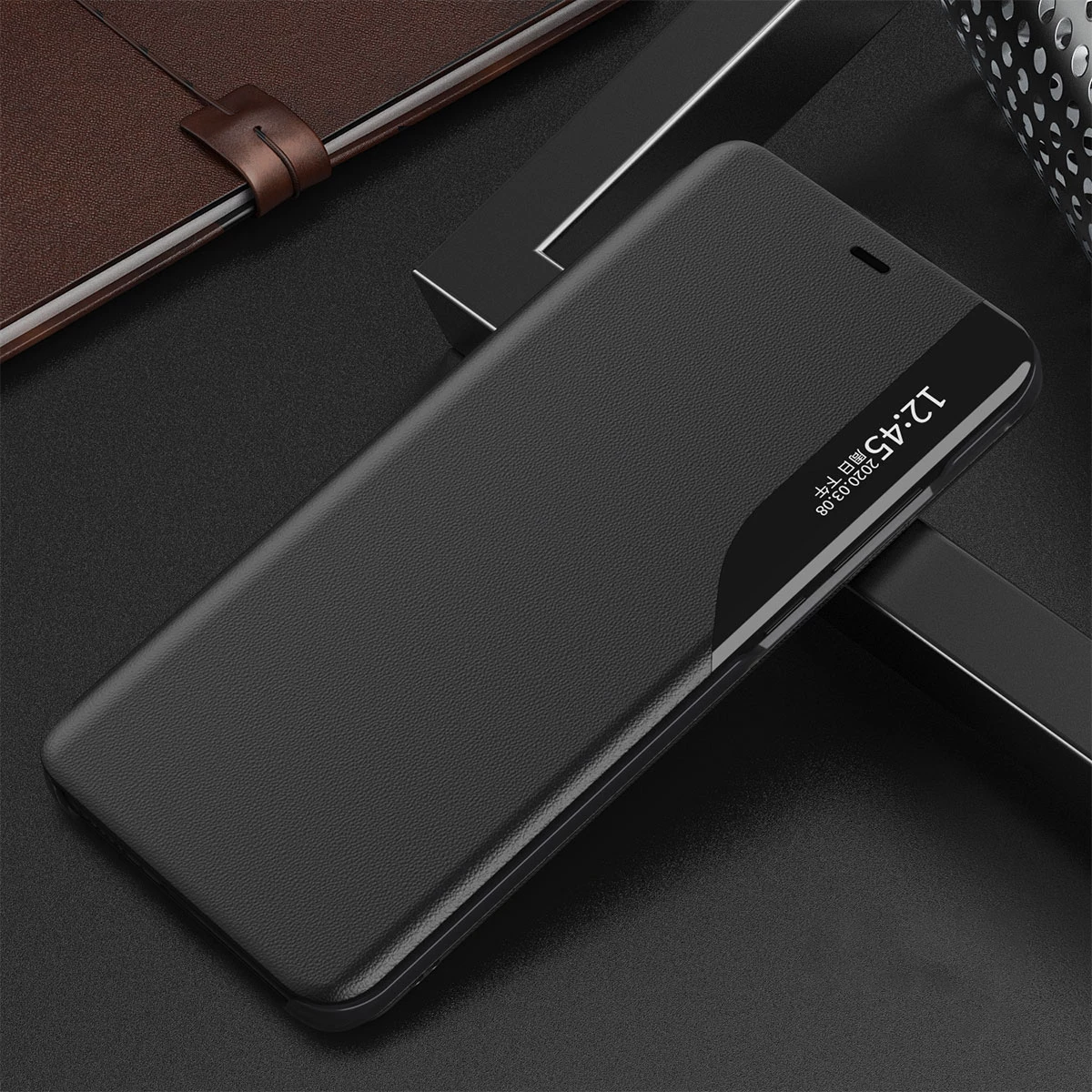 Mbështjellës Hurtel Eco Leather View Case për iPhone 13 Pro Max, me qëndrim, e zezë