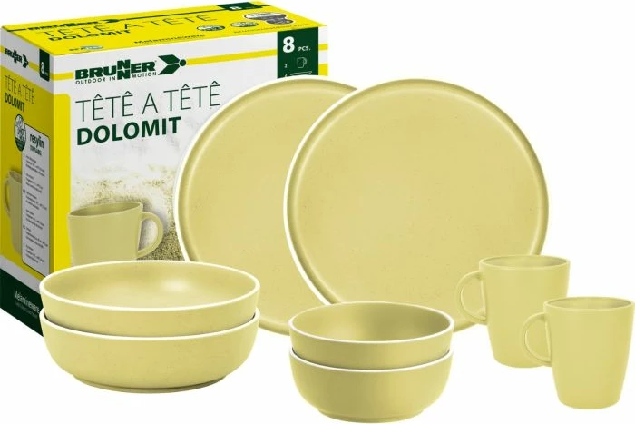 Set servisi kampingu BRUNNER Tête-à-Tête Dolomite, 8 copë, melaminë "Stone Touch", për 2 persona, i verdhë e hapur