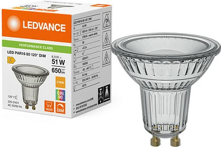 Llambë LED OSRAM PAR16 GU10, 6.9W (51W ekuiv.), 650 lm, dimmable, 2700K, e bardhë e ngrohtë