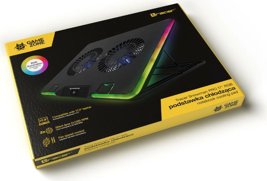 Bazë ftohëse laptopi, Tracer, GameZone Snowman PRO TRASTA47590, për 17.3 inch, 2 ventilatorë 90 mm 1350 RPM, 6 nivele rregullimi, ekran shpejtësie, RGB, 2x USB, e zezë