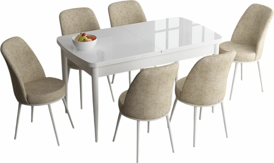 Set tavoline me karrige për ngrënie, e zgjatshme, 7 copë, Skye Decor, e bardhë, krem