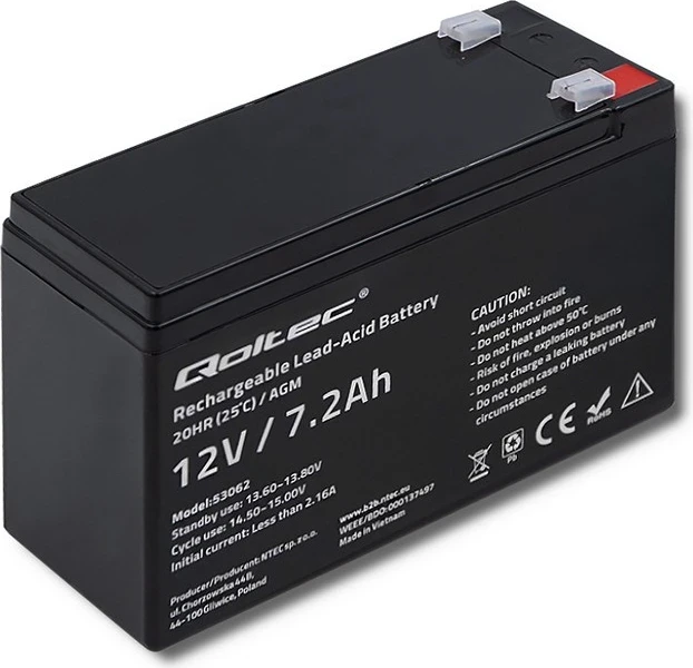 Bateri Qoltec AGM 53062 12V  7.2 Ah |max 108A
