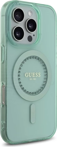 Mbështjellës Guess IML Rhinestones MagSafe për iPhone 16 Pro Max, i gjelbër