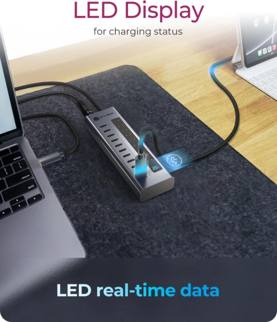 Hub USB-C ICYBOX IB-HUB1450-C31 10-port USB 3.2 Gen 2, PD 20W, ekran LED, kabllo e thurur, blu e errët