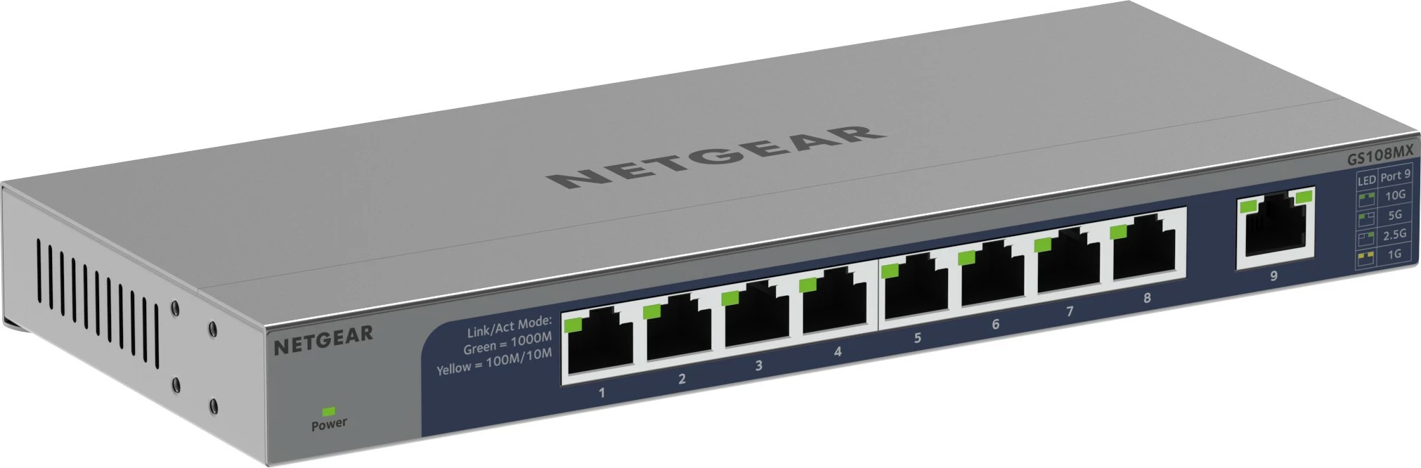 Switch NETGEAR GS108MX, 8 porte Gigabit, 1 portë 10G, kasë metalike