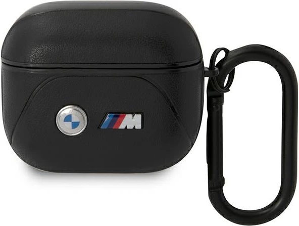 Mbështjellës BMW Leather Curved Line për AirPods 3, me karabiner, i zi