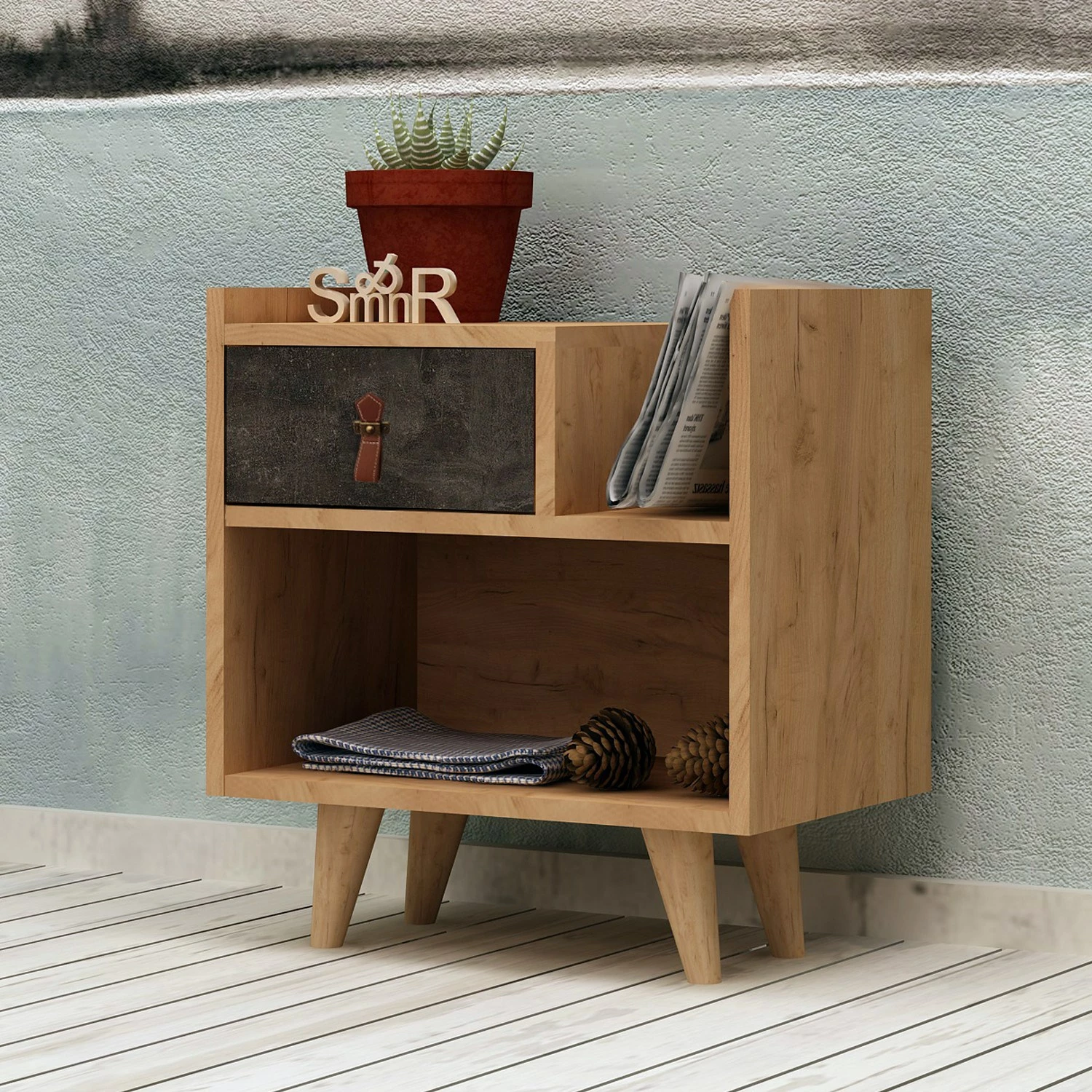 Komodinë natës Hanah Home, Polla, ngjyrë lis dhe gri e errët