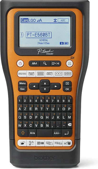 Printer etiketash Brother P-touch PT-E560BT, Bluetooth 5.0, USB, ekran me dritë, prerës automatik, portokalli/zi