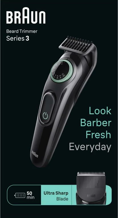Makinë rroje Braun BT3421 trimmer mjekre me rrotë rregullimi, tehe çeliku, pa kabllo, e zezë