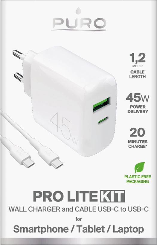 Karikues Puro Daily Prolite 45W me USB-C, USB-A dhe kabllo USB-C, Bardhë
