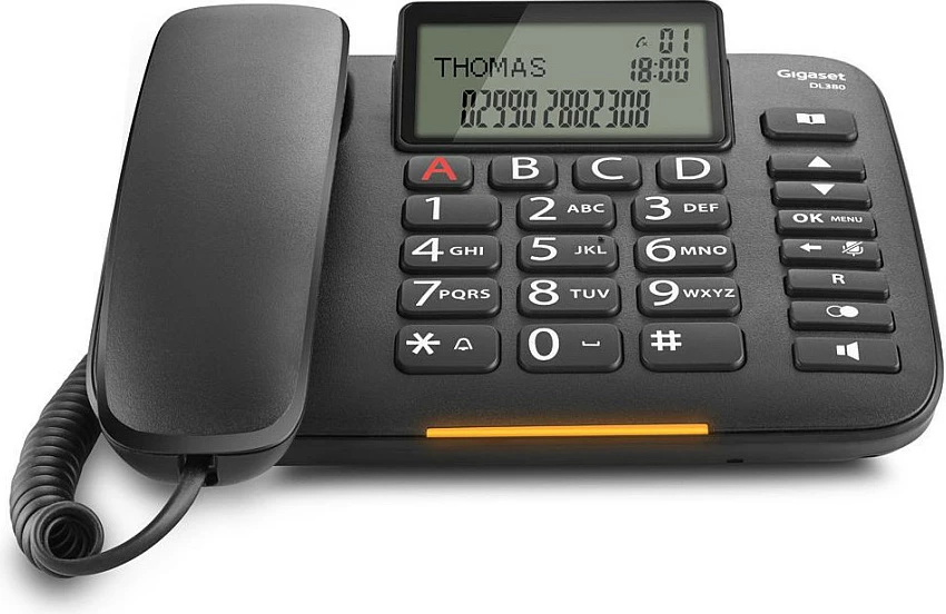 Telefon fiks analog Gigaset DL380, butona të mëdhenj, speakerphone, ekran LCD, i zi