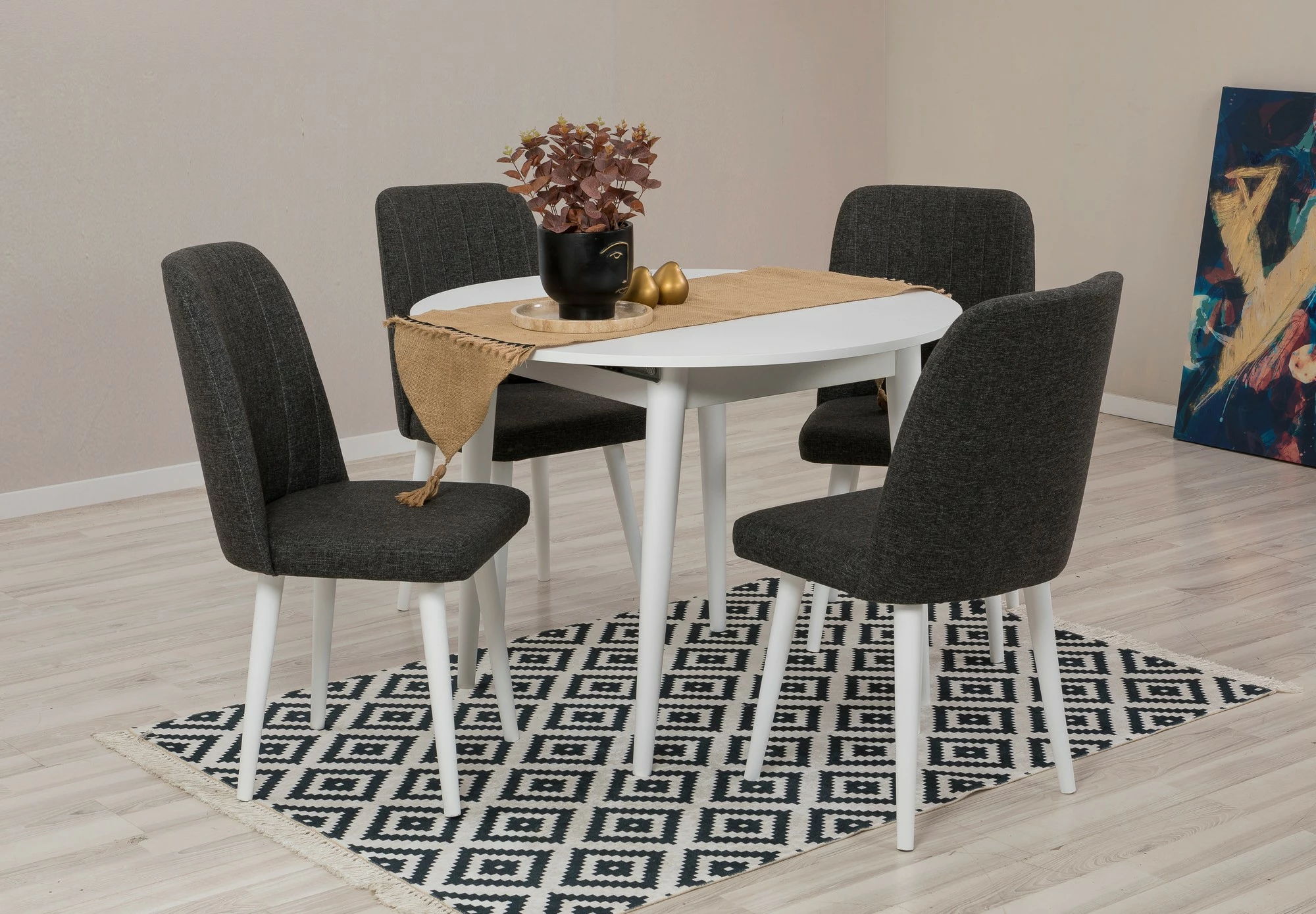 Set tavoline me karrige për ngrënie, zgjatshme, Skye Decor Vina 1053, e bardhë, antracit, 5 copë