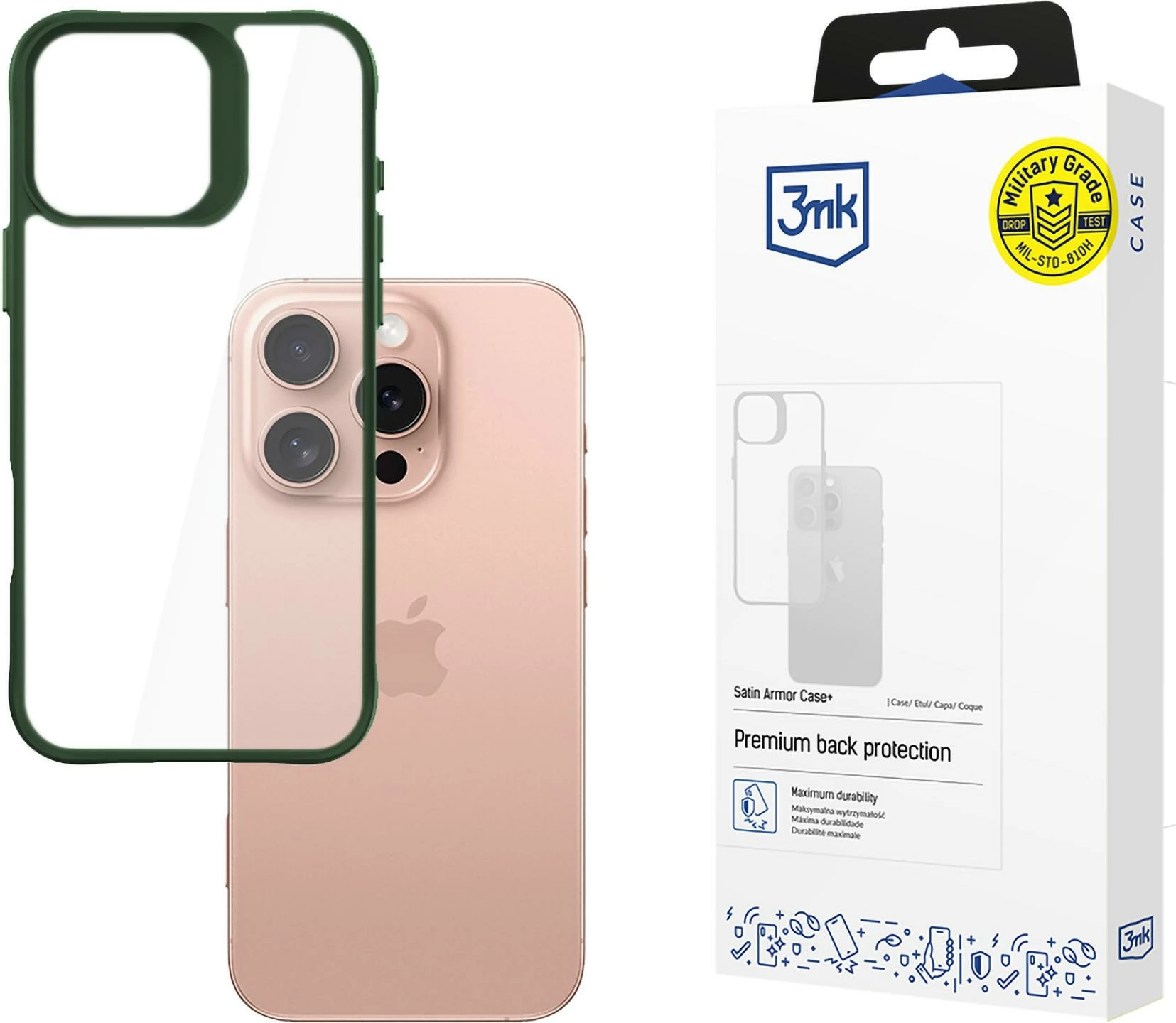 Mbështjellës 3mk Satin Armor Case+ për iPhone 16 Pro, Transparent me kornizë të gjelbër