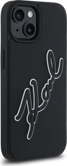 Mbështjellës Karl Lagerfeld 3D Rubber Signature për iPhone 15, i zi