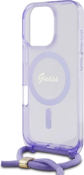 Mbështjellës Guess Crossbody Cord Script MagSafe për iPhone 16 Pro, Vjollcë