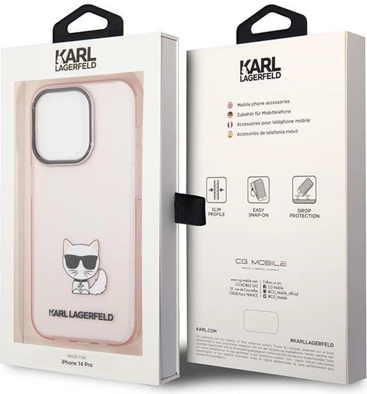 Mbështjellës Karl Lagerfeld Choupette Body për iPhone 14 Pro 6.1", transparent/rozë