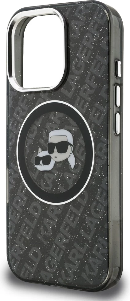 Mbështjellës Karl Lagerfeld IML Glitter Karl & Choupette Heads Logo, MagSafe, hardcase TPU/PC për iPhone 16 Pro, i zi, në kuti