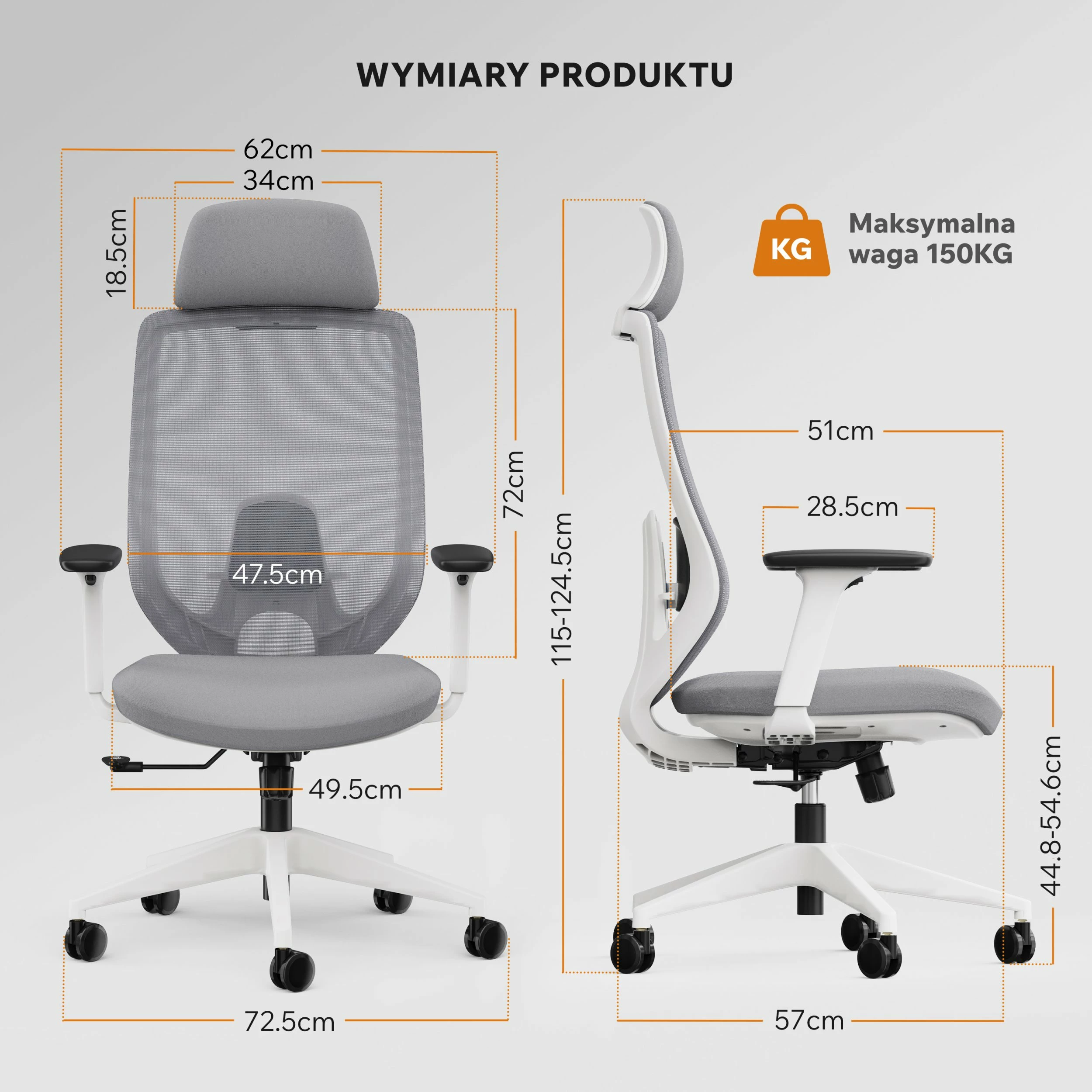 Karrige zyre SENSE7 Nakai, ergonomike me rrota, mbështetëse koke, krahë 3D, 150 kg, bardhë-gri
