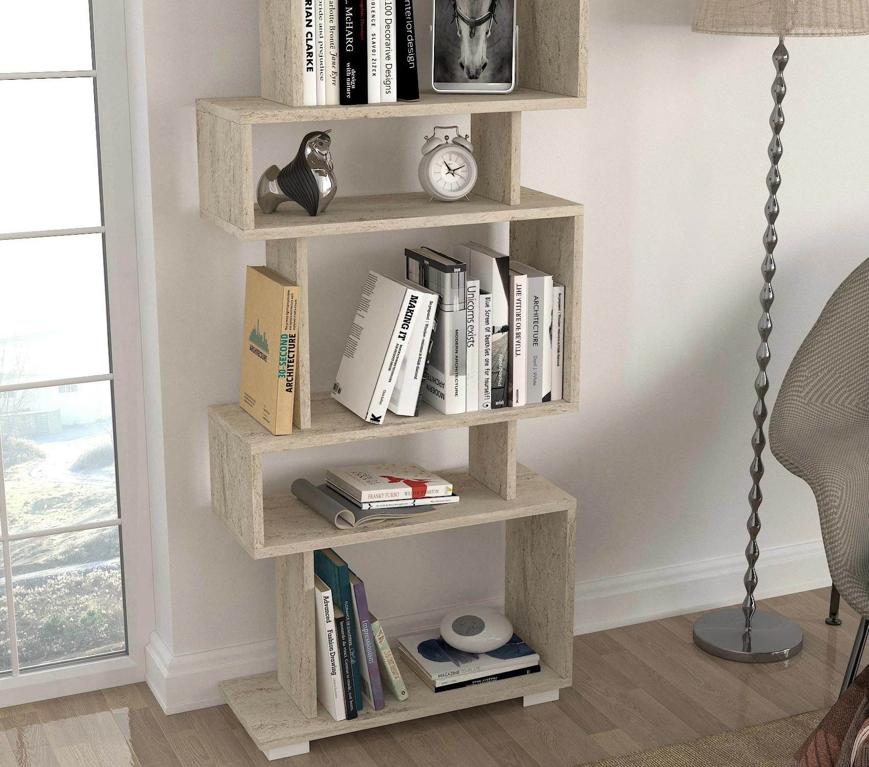Raft librash Hanah Home, ngjyrë travertin, koncept mermeri, 60x165x19.5cm