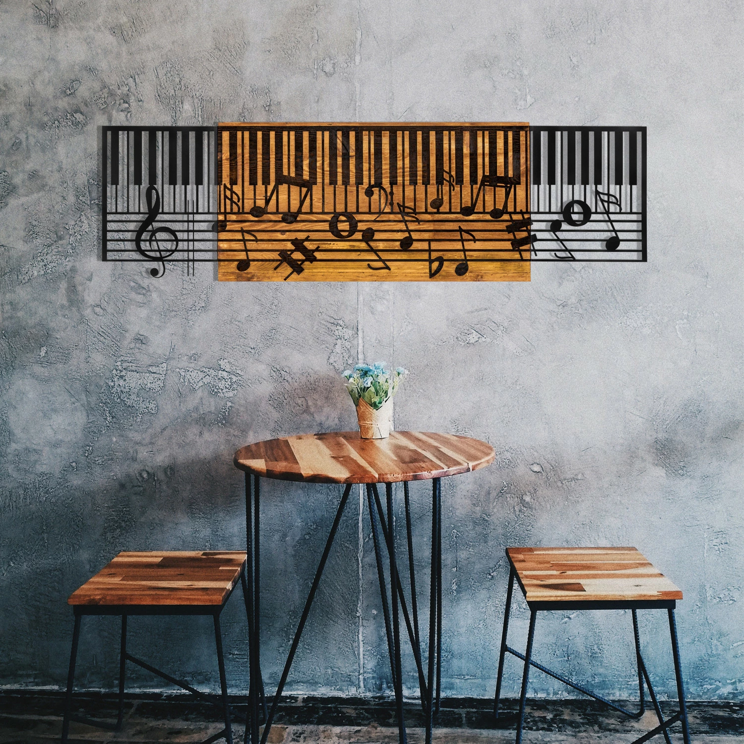 Aksesor dekorativ për mur, dru dhe metal, temë muzikore, ngjyrë e zezë dhe arre, Wallity Arya, 100x30cm