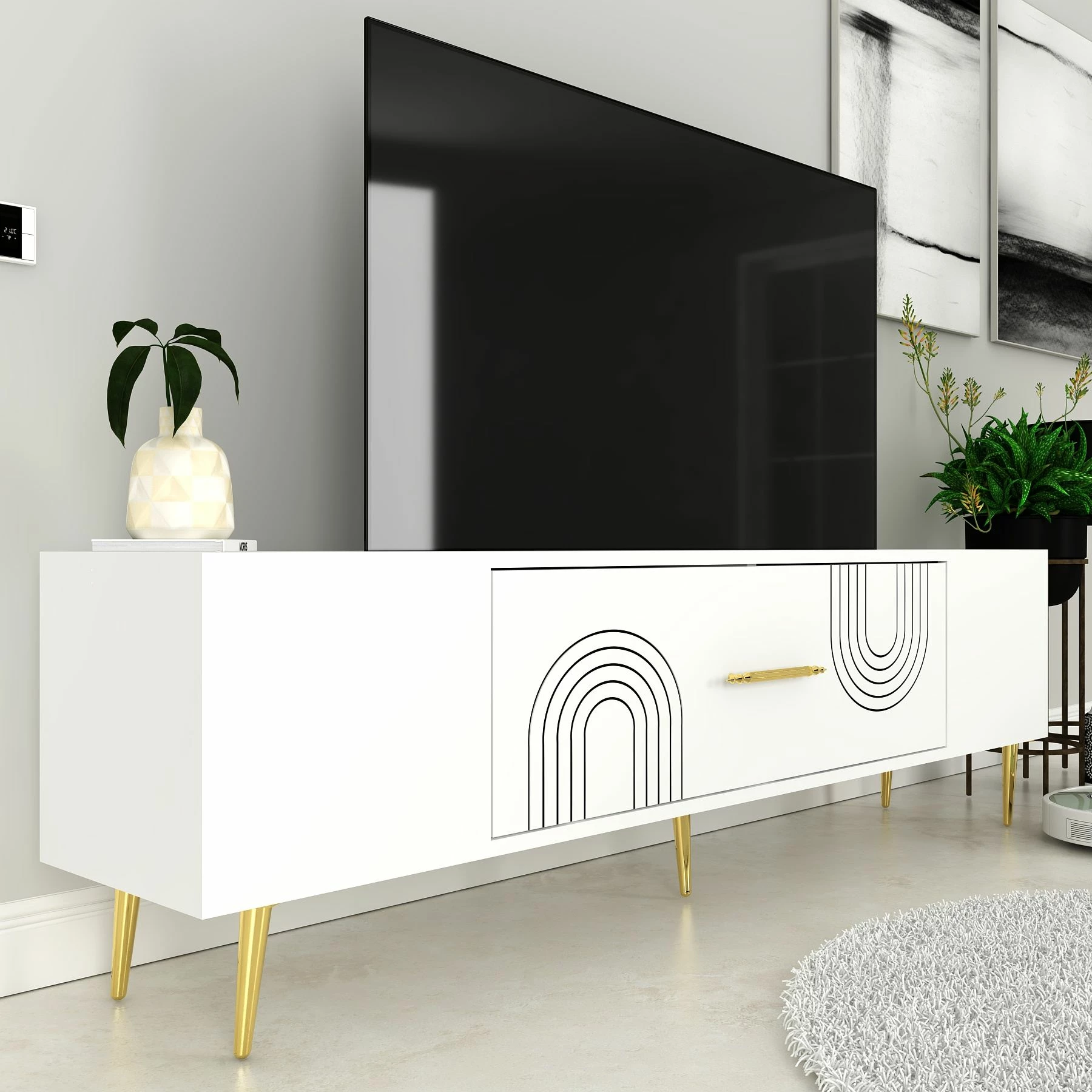 Komodë TV, ngjyrë e bardhë dhe ari, Skye Decor Dekol2